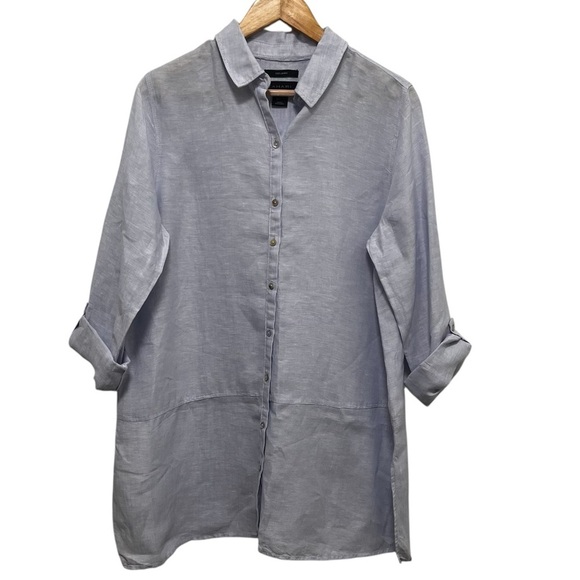 TAHARI 100% Linen Longline Button Down Tunic Shirt Long Sleeve Size L - Picture 1 of 7